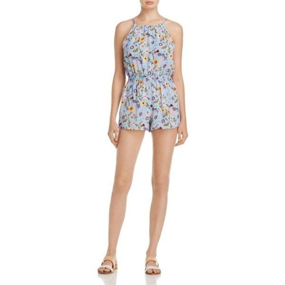 ✨NEW!✨ AQUA  Spring Blue Floral Striped Cinched Waist Romper - Small - Picture 1 of 9